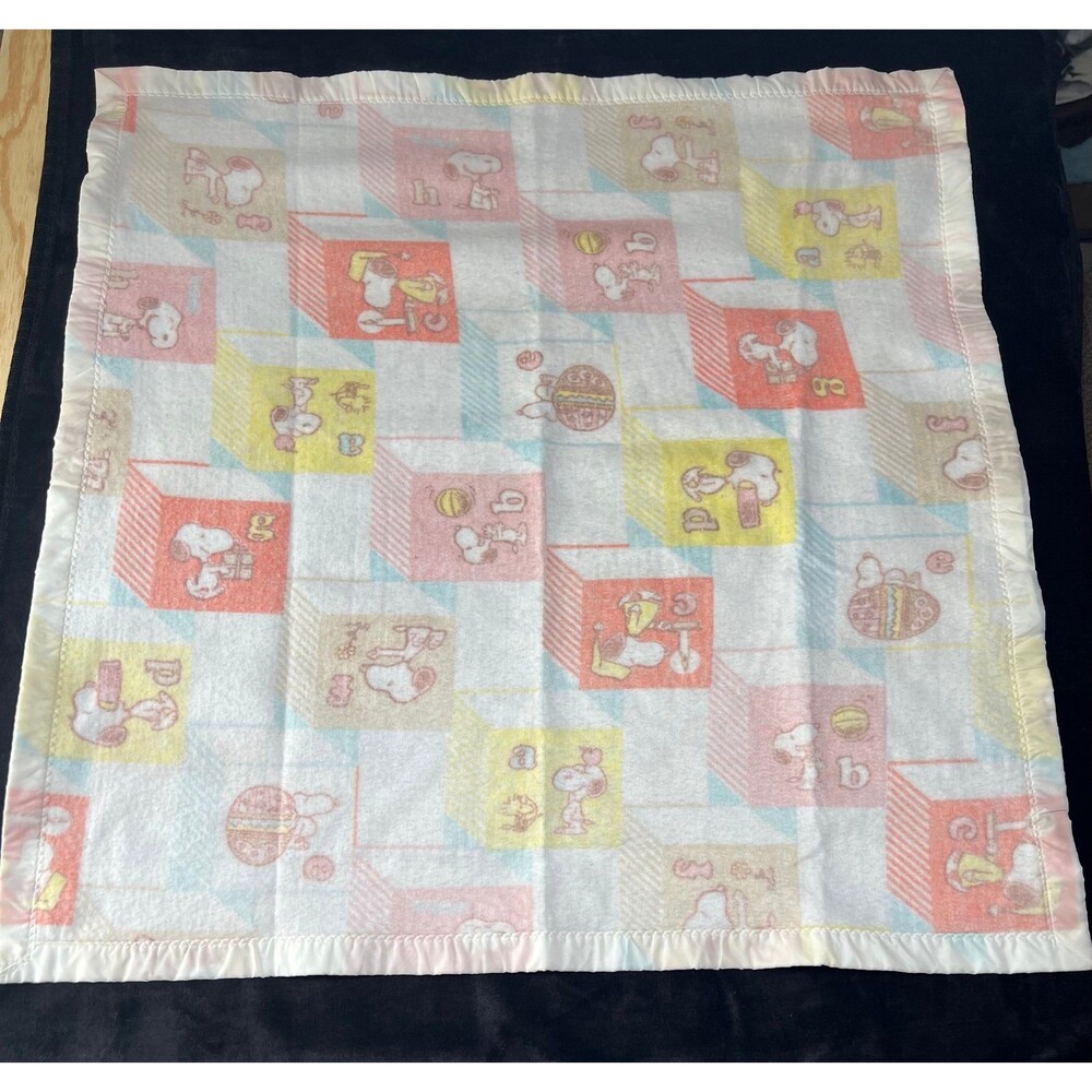 VTG Chatham Peanuts Snoopy Baby Blanket Fleece Crib Quilt ABCs Patchwork 40x40
